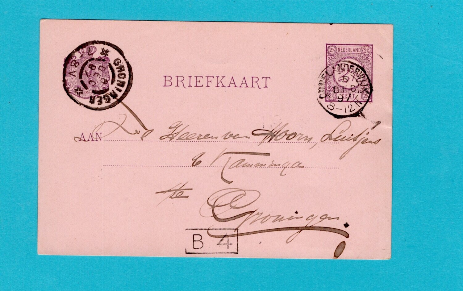 NEDERLAND briefkaart 1897 Ommelanderwijk naar Groningen