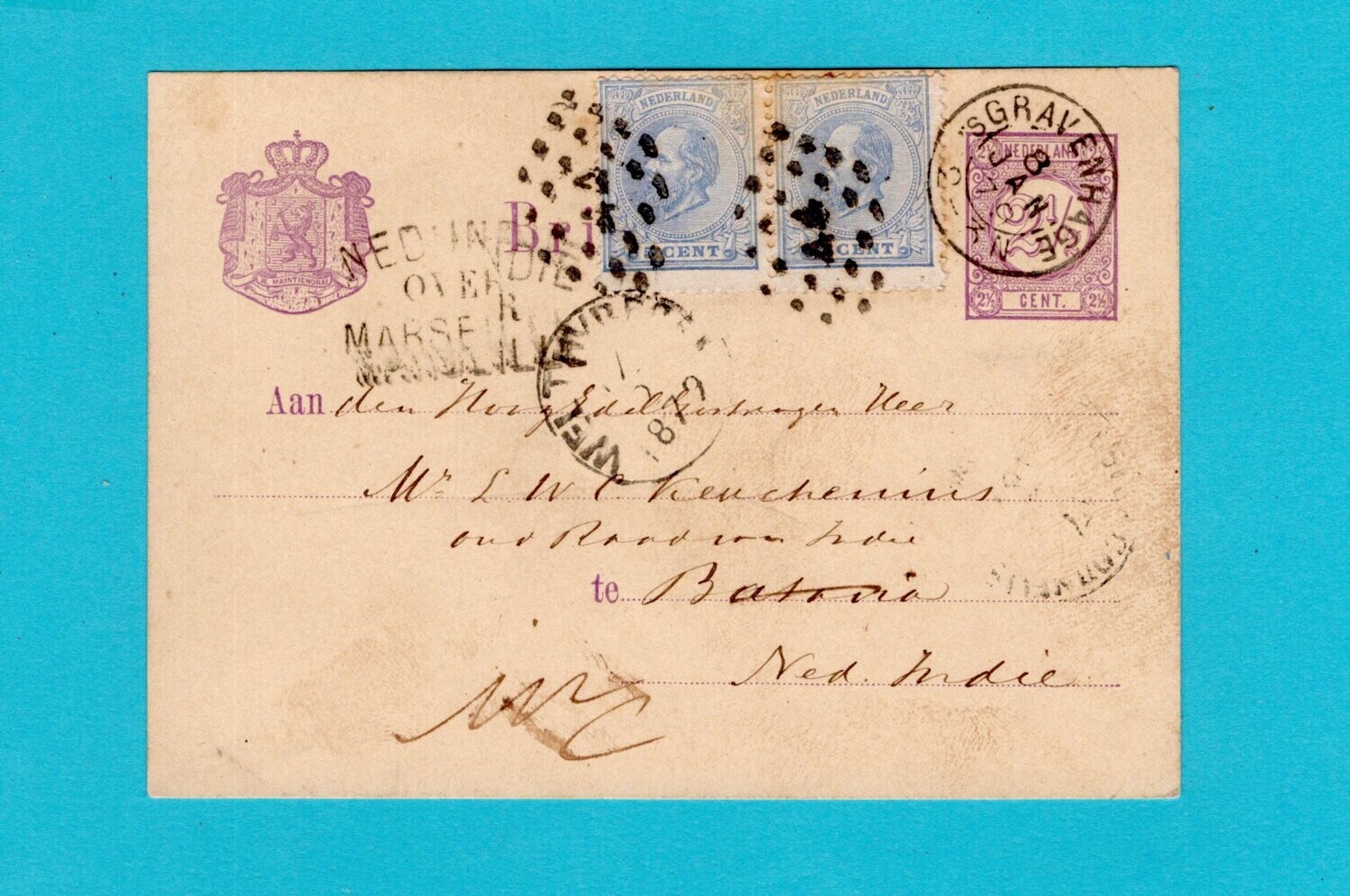 NEDERLAND briefkaart 1897 &#39;s Gravenhage naar Indië