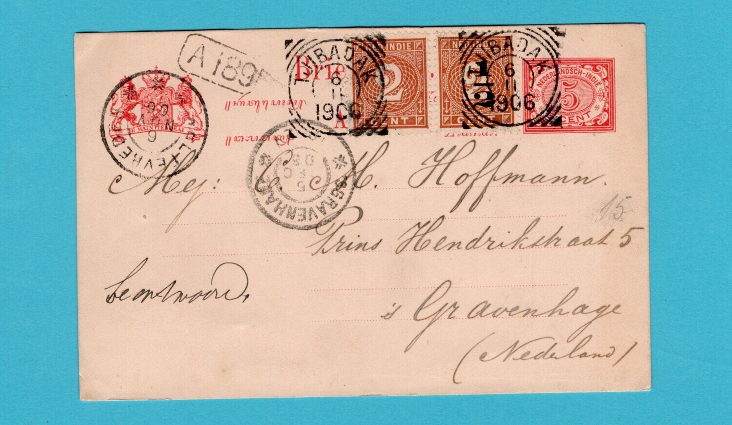 NETHERLANDS EAST INDIES card 1906 Tjibadak squared circle