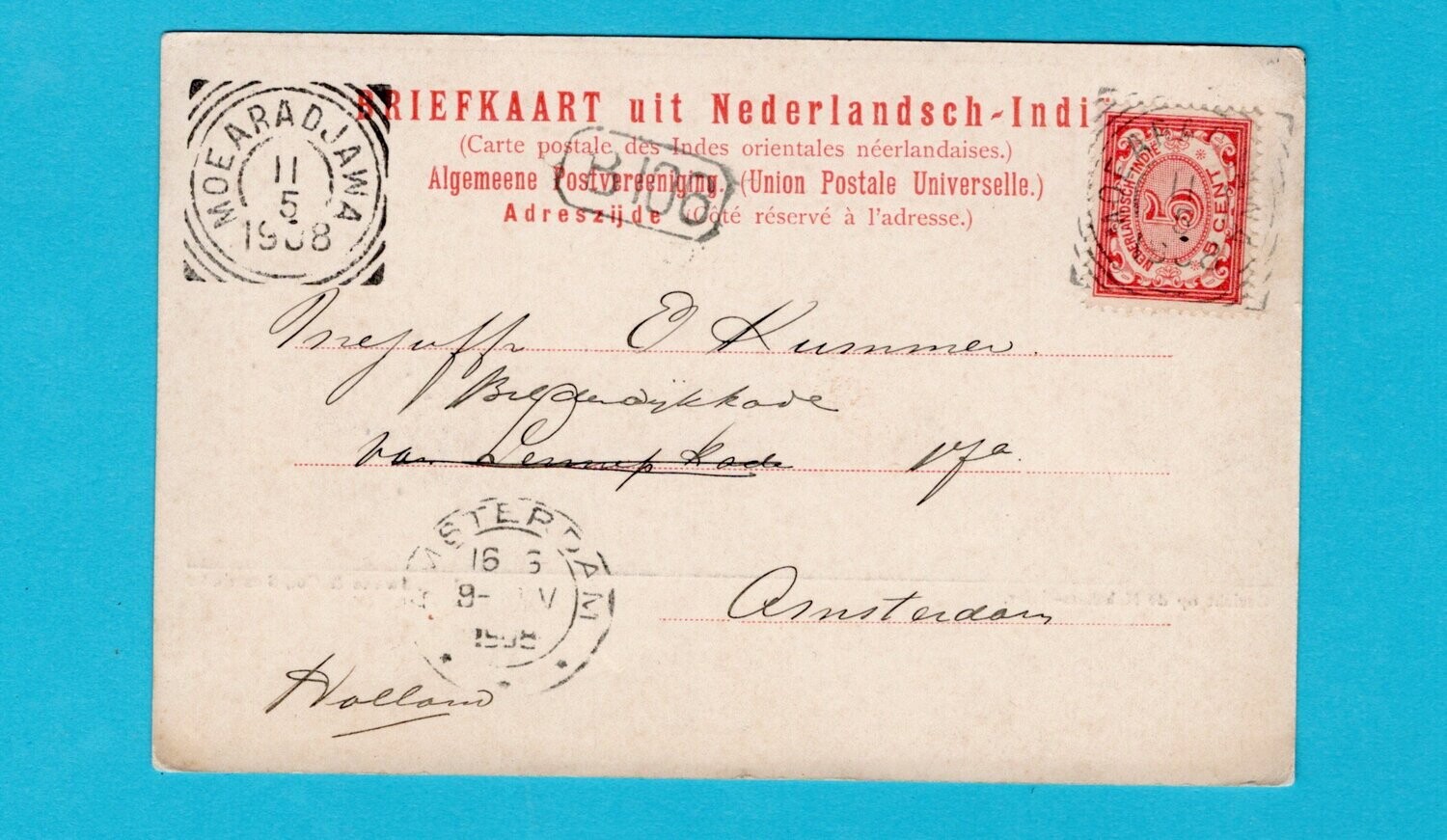NETHERLANDS EAST INDIES PPC 1908 Moearadjewa squared circle