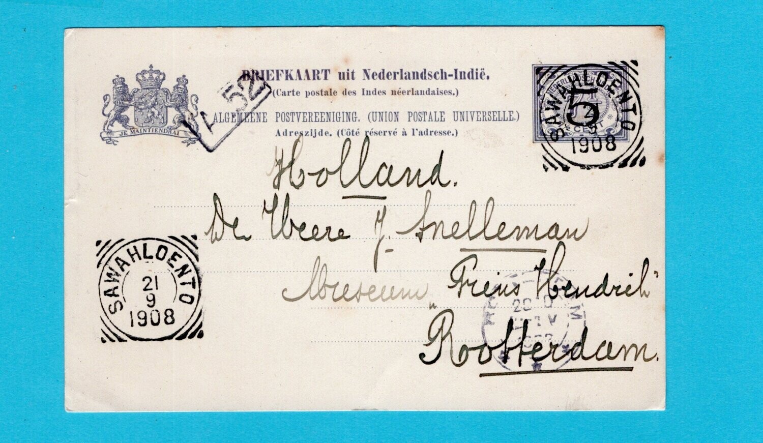 NETHERLANDS EAST INDIES card 1908 Sawaloento squared circle