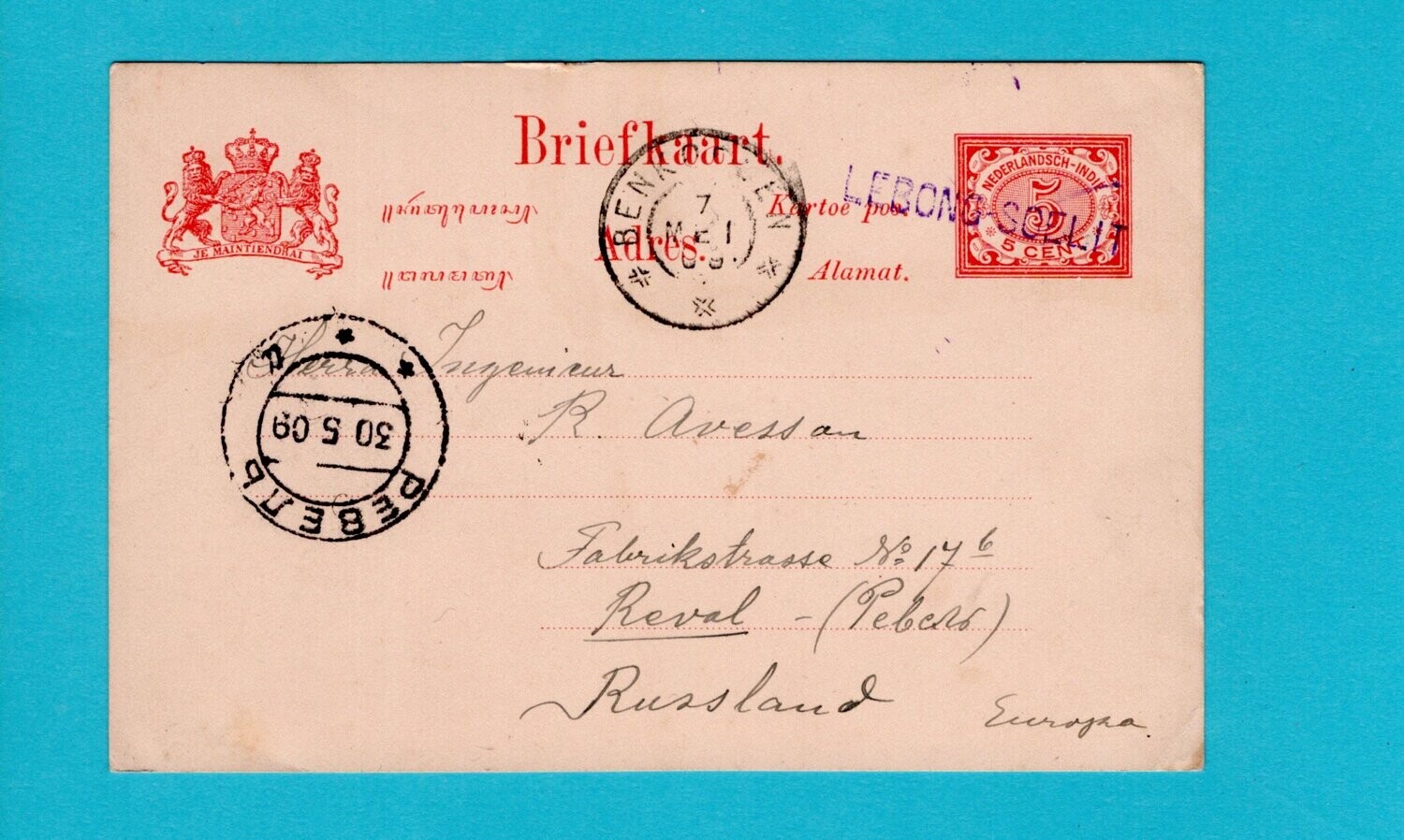 NETHERLANDS EAST INDIES card 1909 Lebong Soelit to Estonia