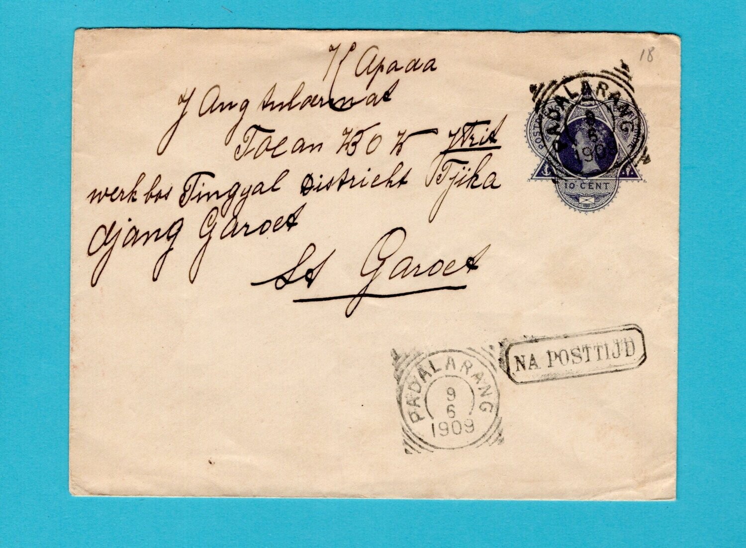NETHERLANDS EAST INDIES envelope 1909 Padalarang squared circle