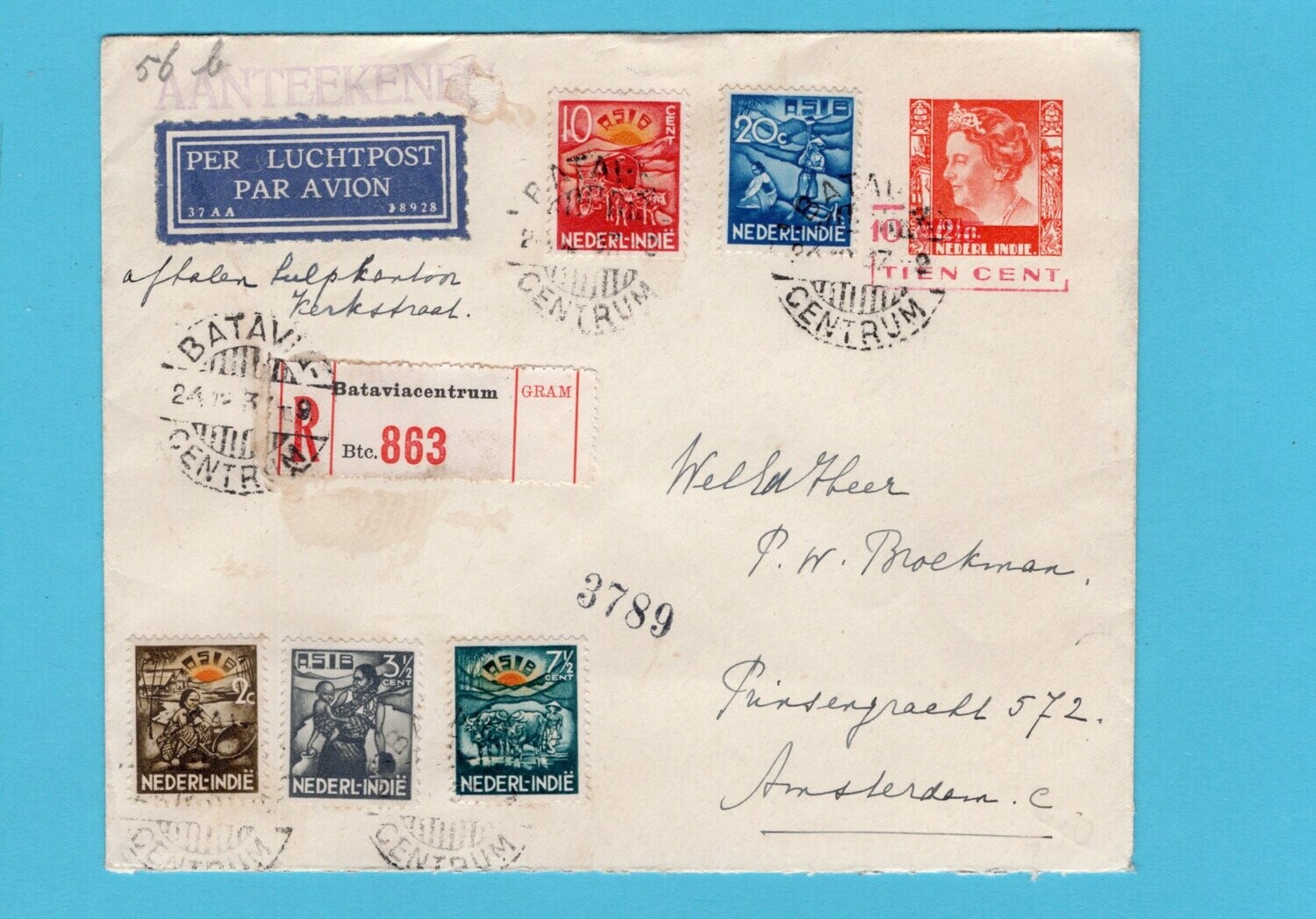 NETHERLANDS EAST INDIES R-envelope 1937 Batavia to Amsterdam