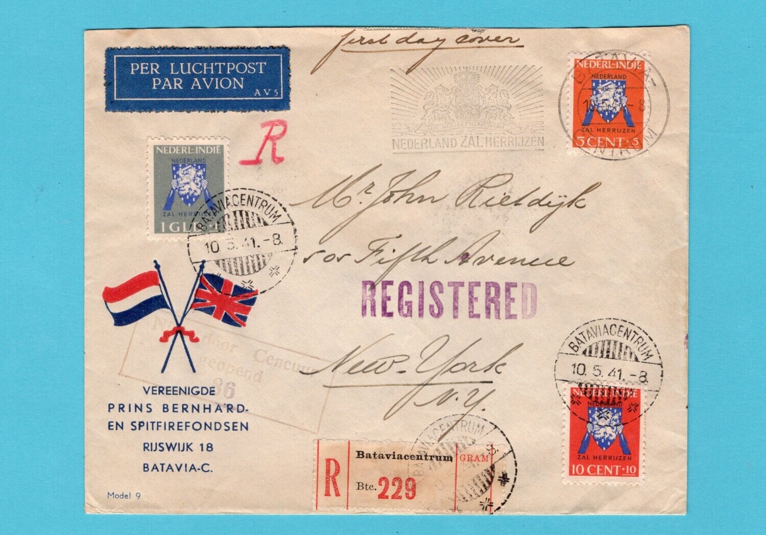 NETHERLANDS EAST INDIES Spitfire R FDC 1941 to USA