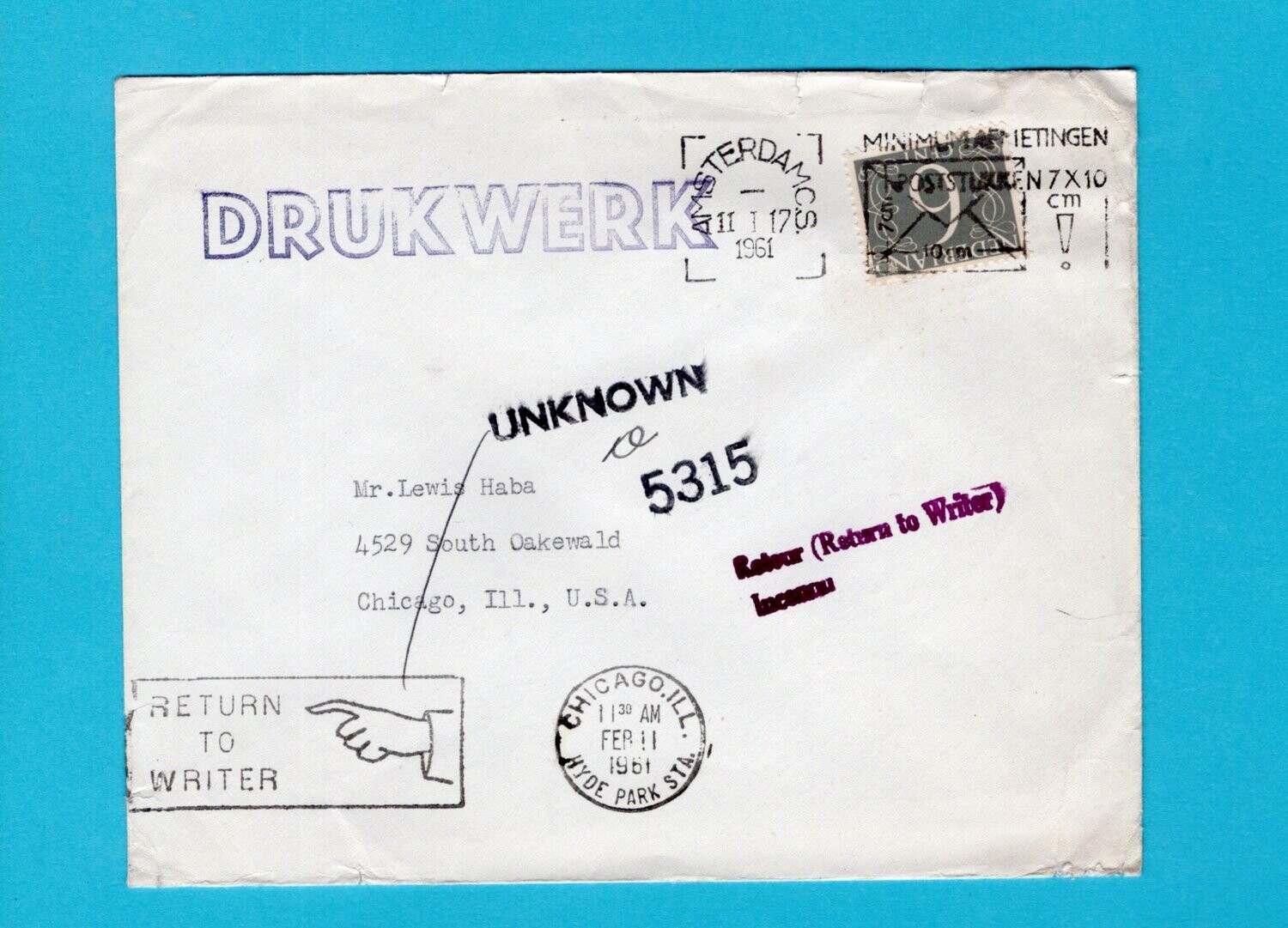 NEDERLAND drukwerk 1961 Amsterdam naar USA en retour