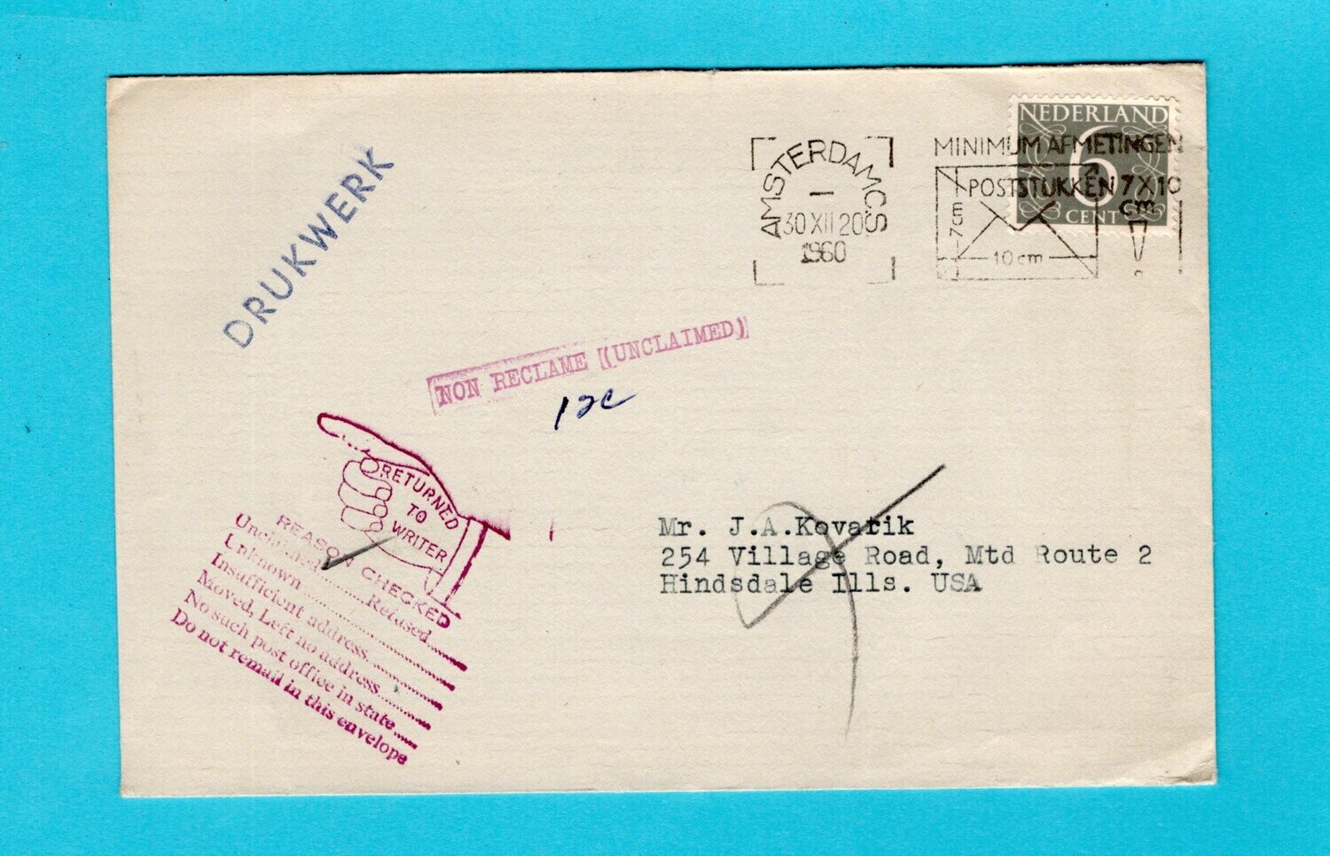 NEDERLAND drukwerk 1960 Amsterdam naar USA en retour