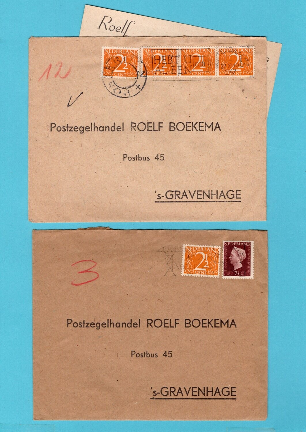 NEDERLAND 2 veiling brieven 1947-50 naar Boekema, Den Haag