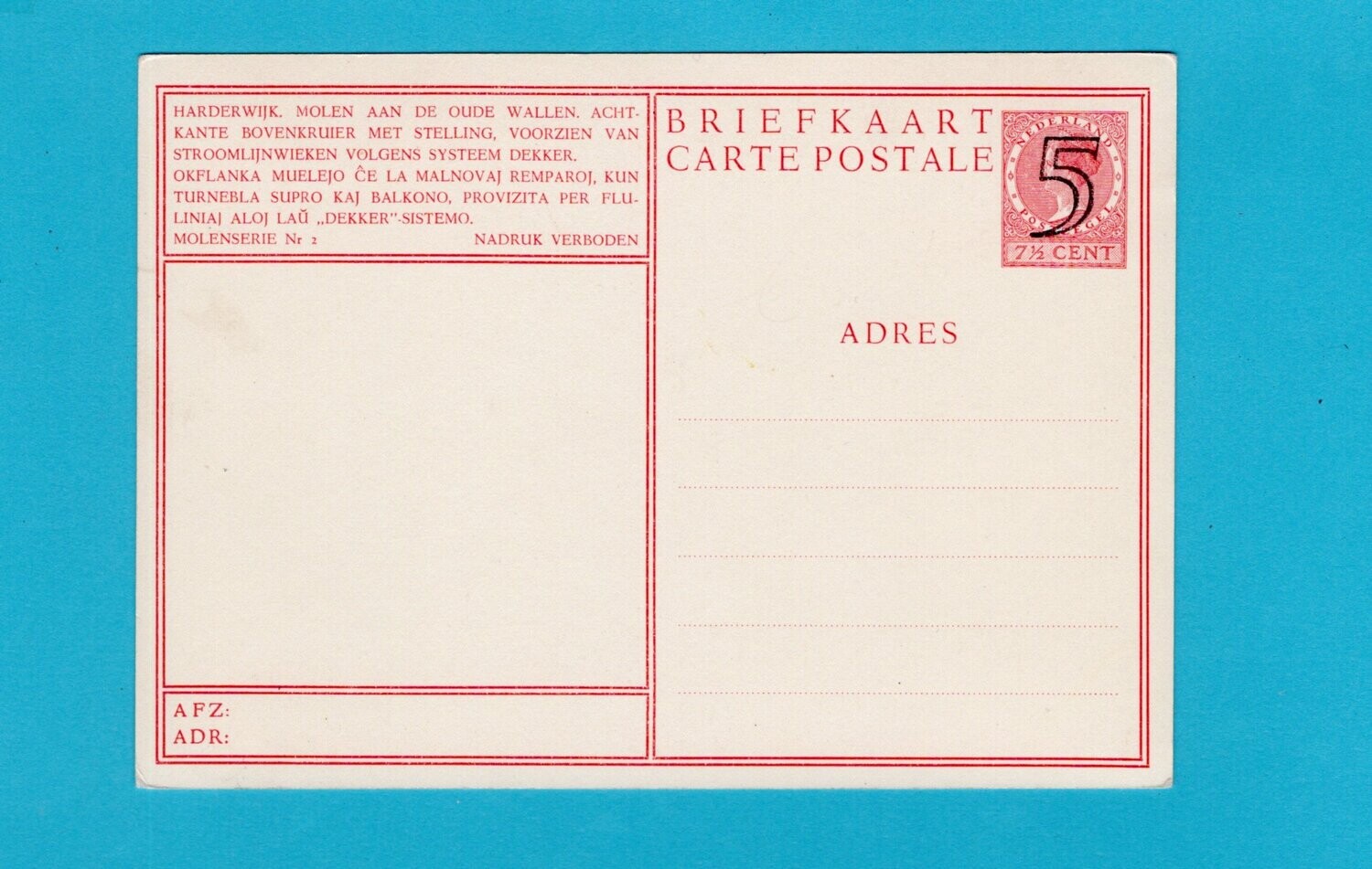 NEDERLAND briefkaart 1946 molen Harderwijk