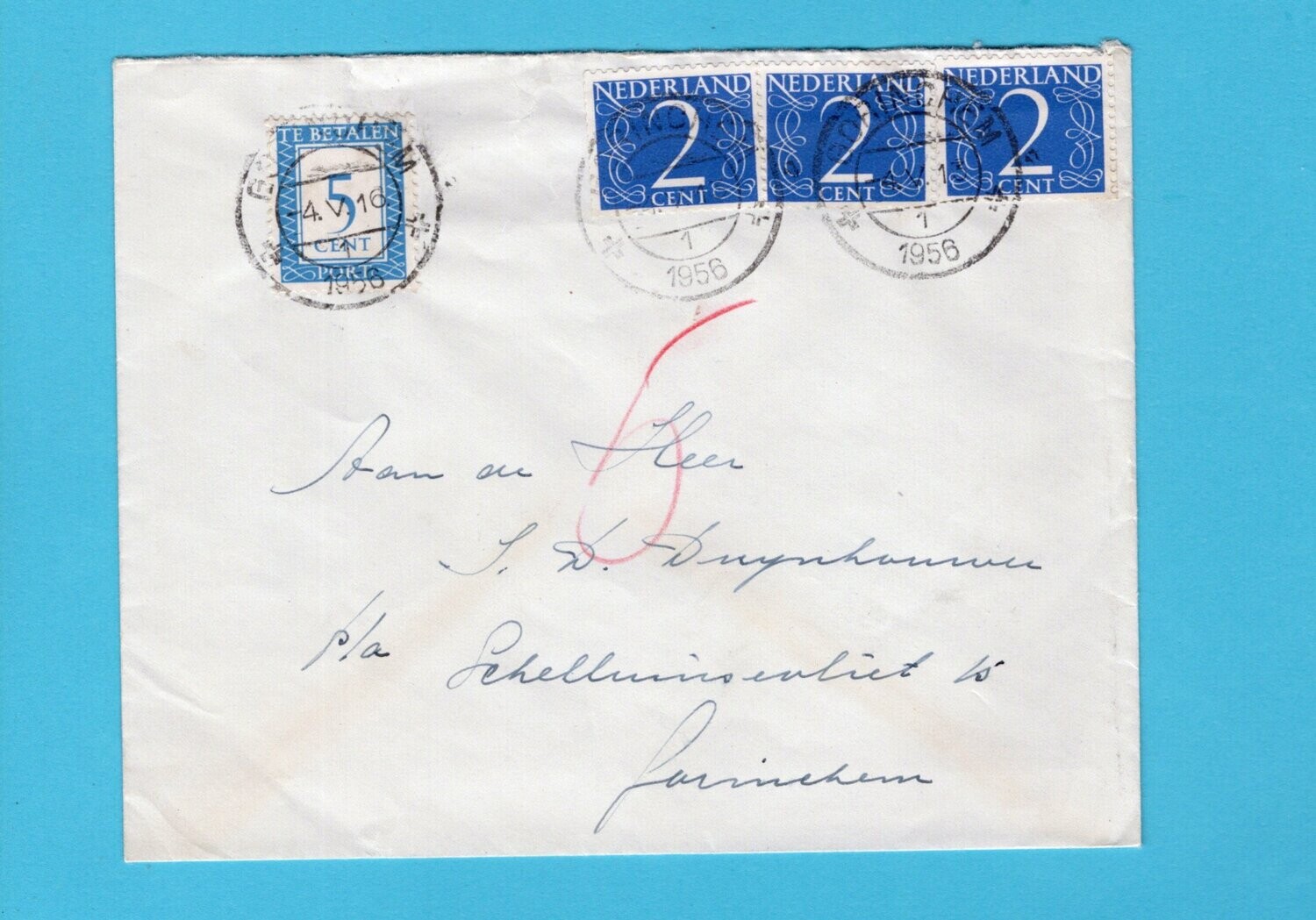 NEDERLAND brief 1956 Gorinchem met port belast