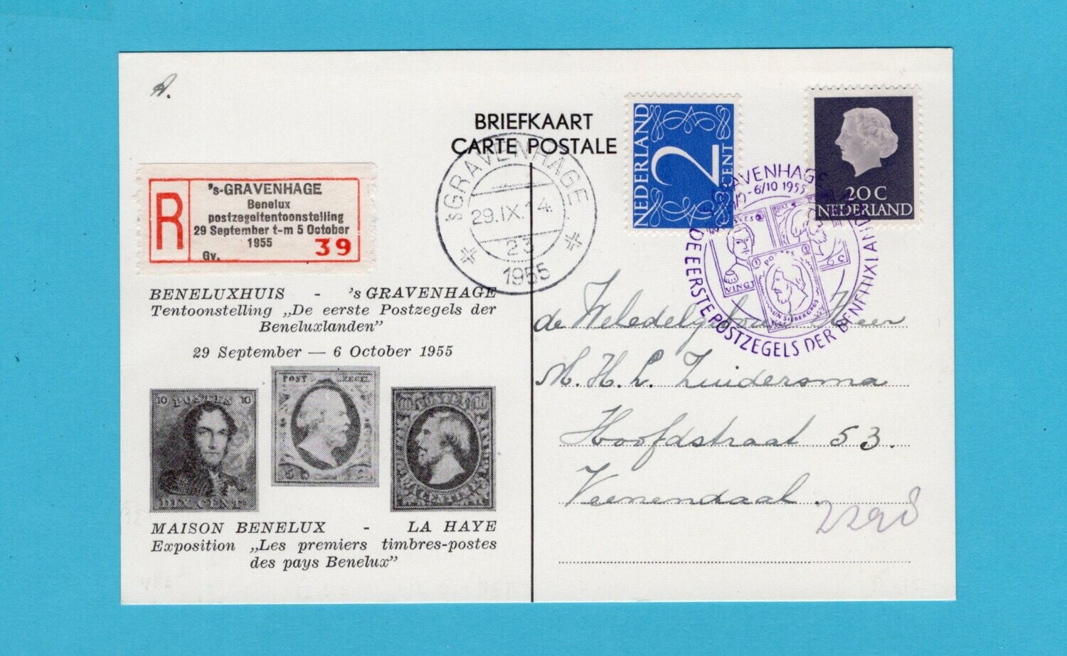 NEDERLAND R kaart Benelux tentoonstelling 1955 &#39;s Gravenhage