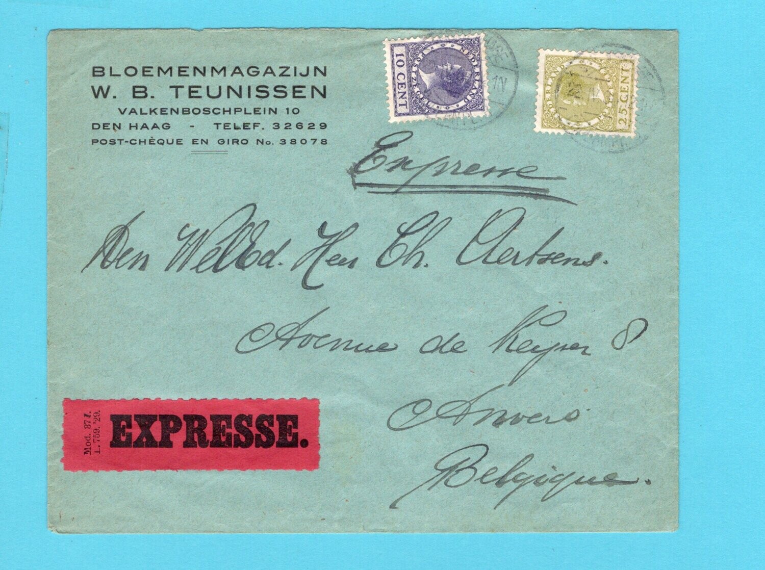 NEDERLAND expres brief 1930 s&#39;Gravenhage naar Antwerpen