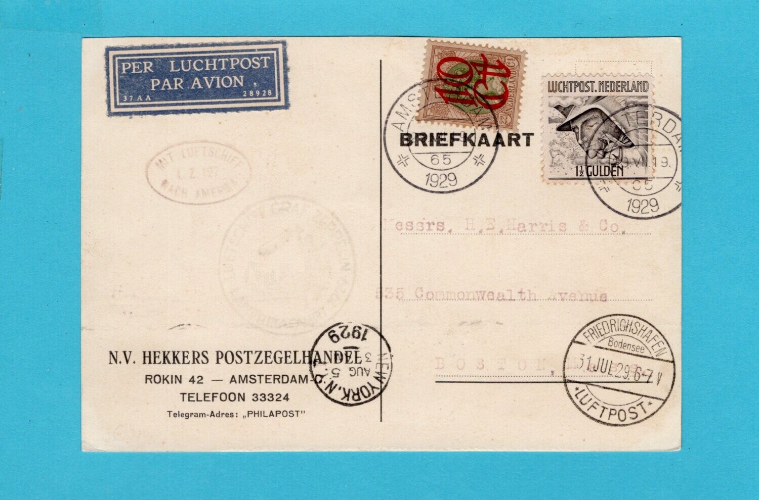 NEDERLAND zeppelin kaart 1929 Amsterdam naar Boston USA