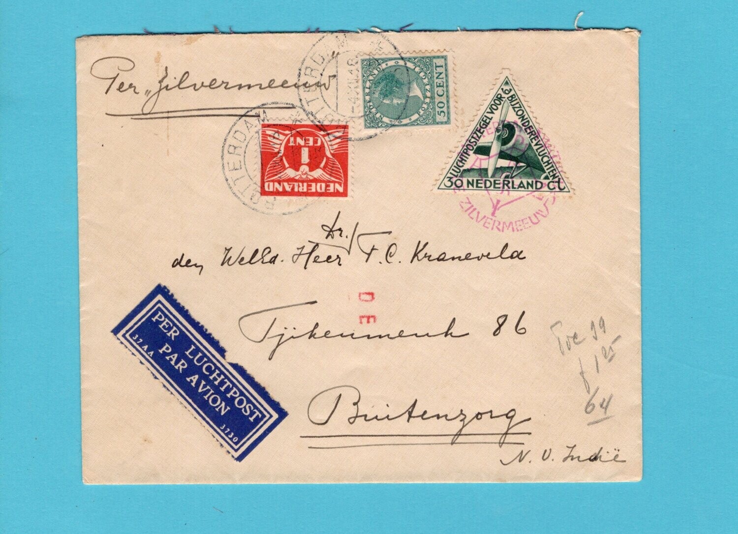 NEDERLAND lp brief 1933 Rotterdam per Zilvermeeuw naar Indië