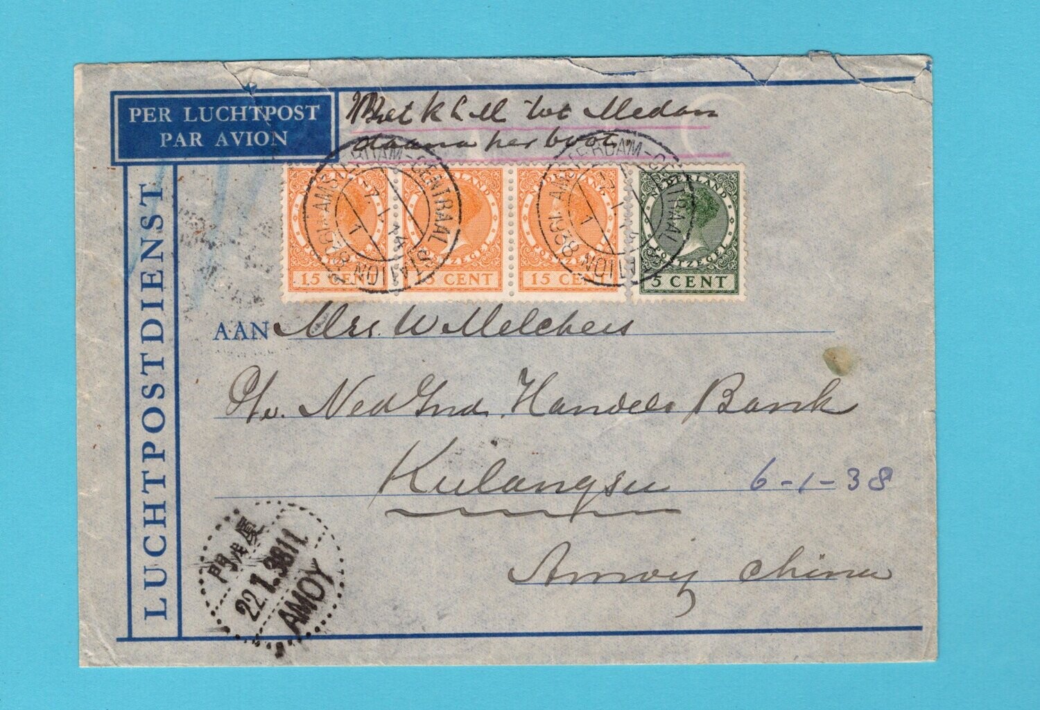 NEDERLAND KLM luchtpost brief 1938 Amsterdam naar Amoy, China