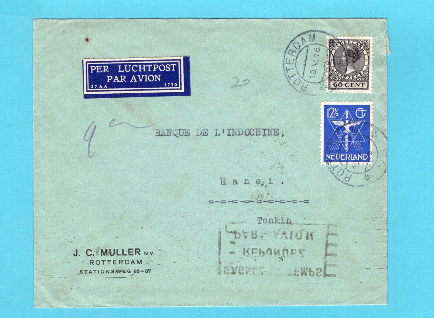 NEDERLAND luchtpost brief 1935 Rotterdam naar Hanoi Indo China