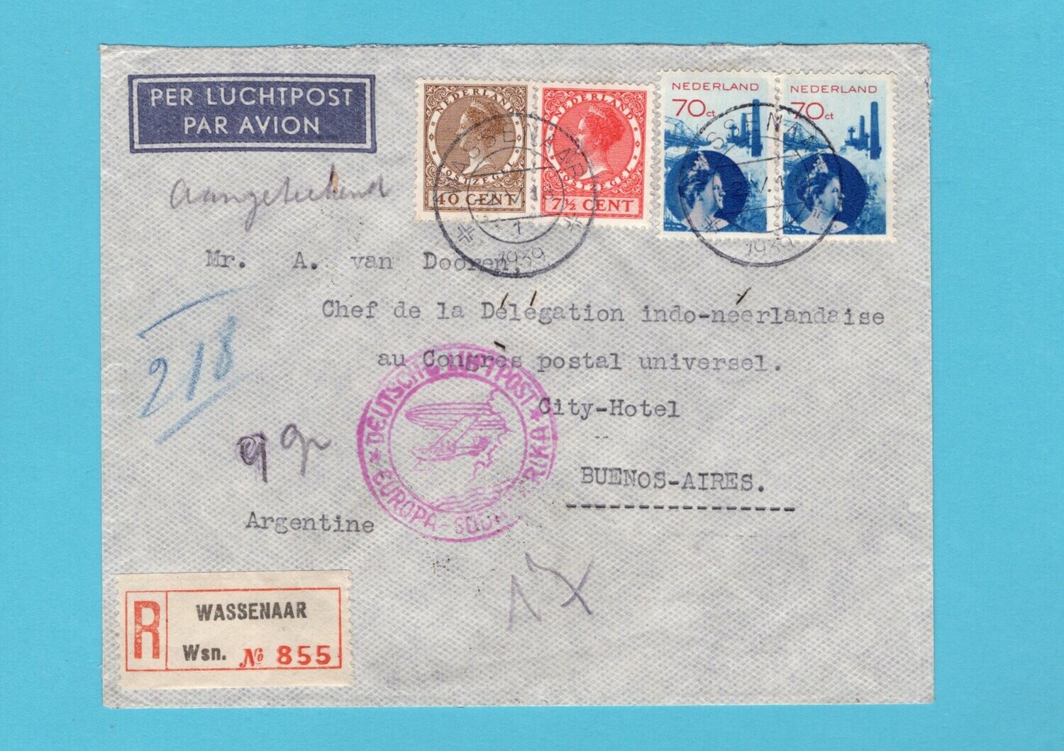 NEDERLAND R Katapult brief 1939 Wassenaar naar Argentinië