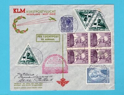 NEDERLAND Snip kerstvlucht brief 1934 Den Haag naar Curaçao