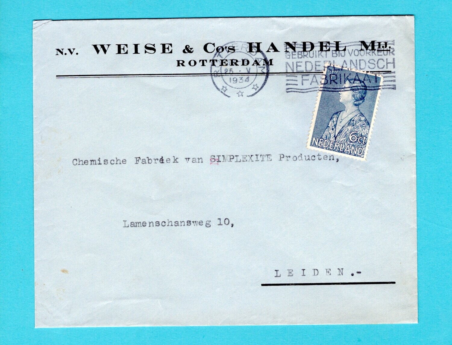 NEDERLAND brief 1934 Rotterdam naar Leiden