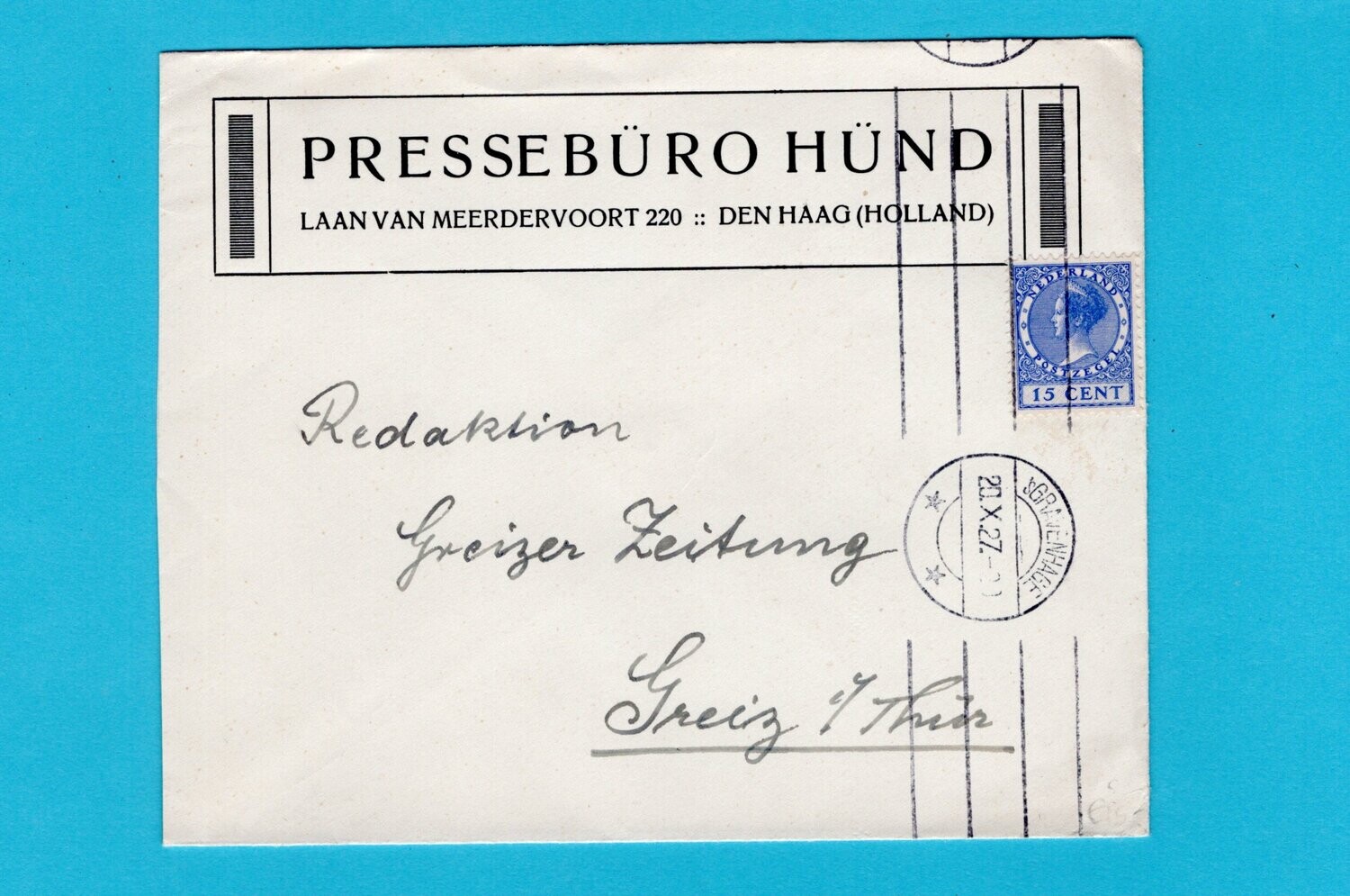 NEDERLAND brief 1927 Den Haag persbureau Hünd naar Greiz