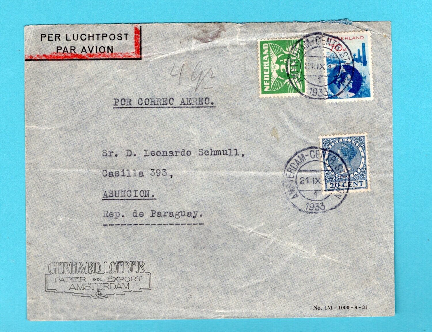 NEDERLAND luchtpost brief 1933 Amsterdam naar Paraguay