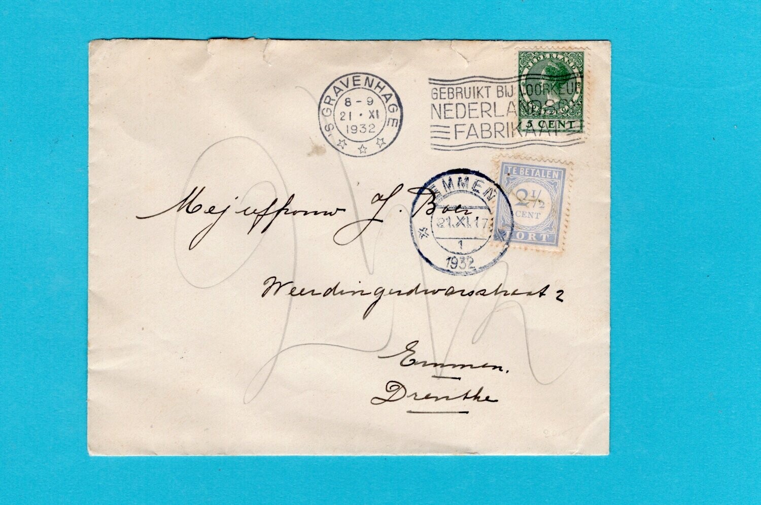 NEDERLAND brief 1932 Den Haag met port belast Emmen