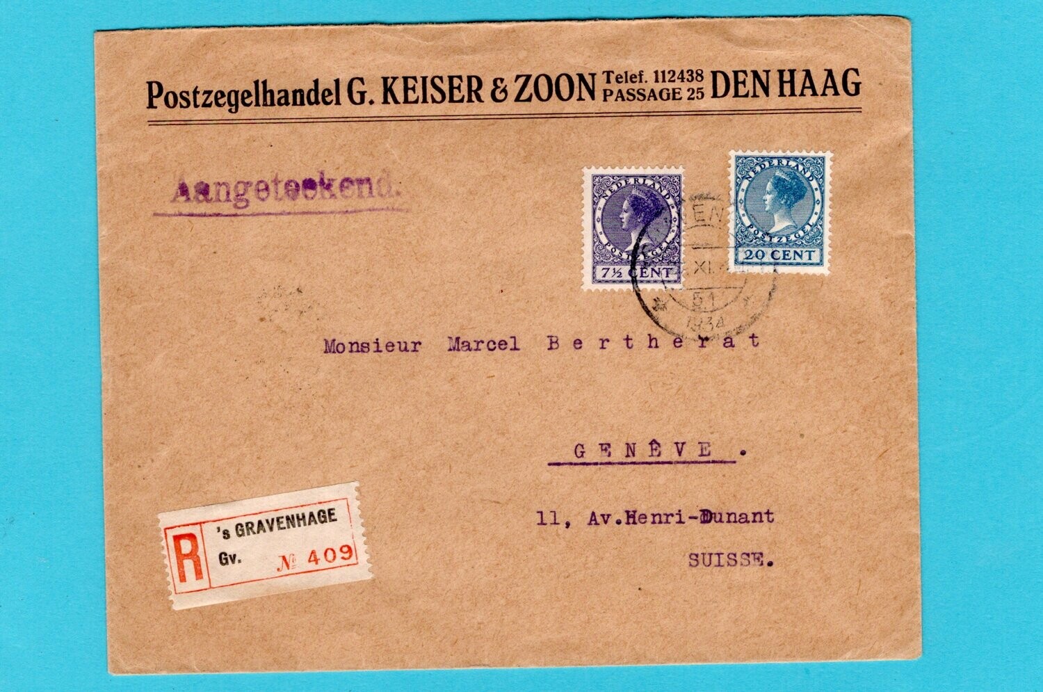 NEDERLAND R brief 1934 &#39;s Gravenhage naar Geneve, Zwitserland