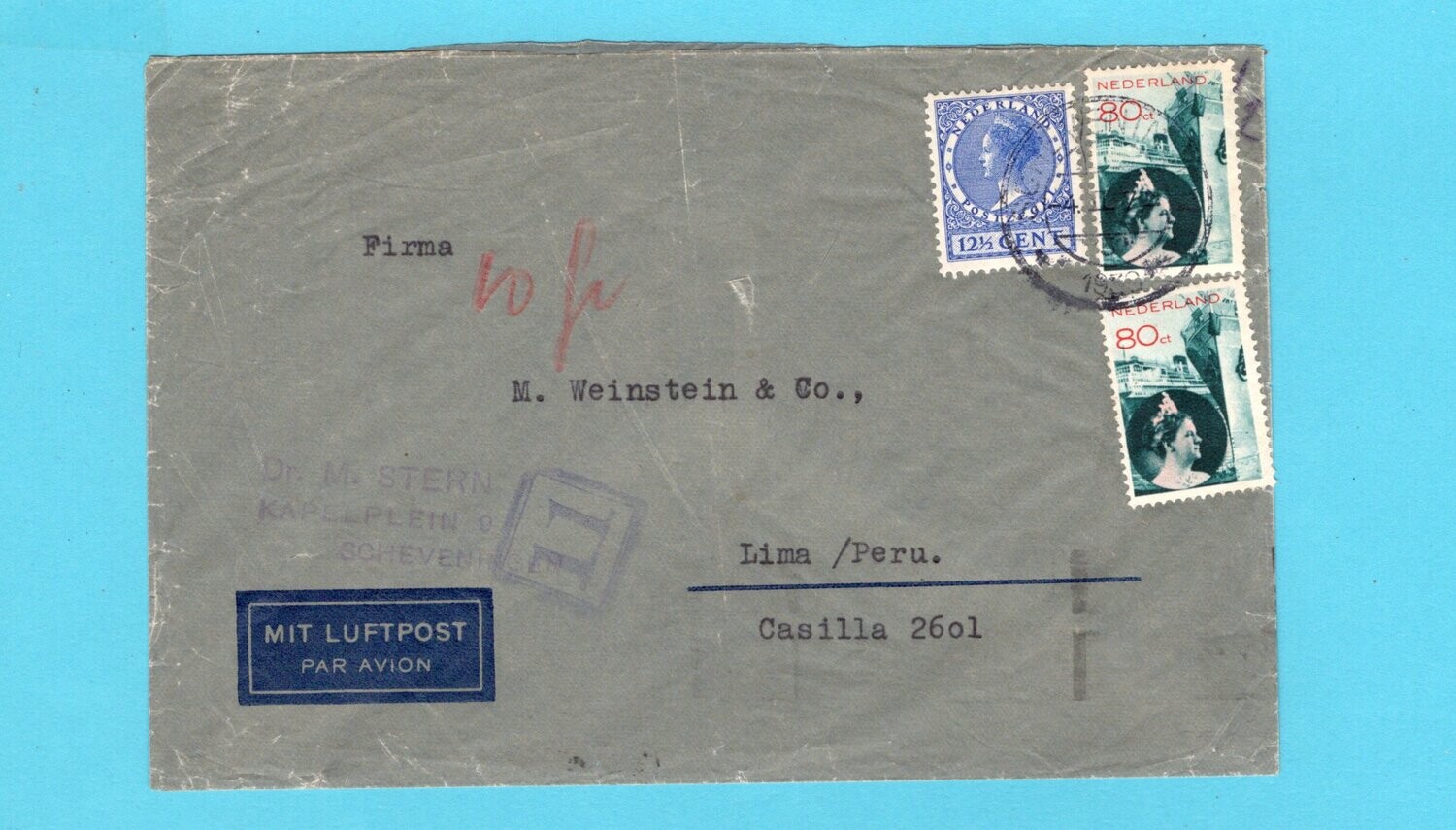 NEDERLAND luchtpost brief 1938 Scheveningen naar Peru
