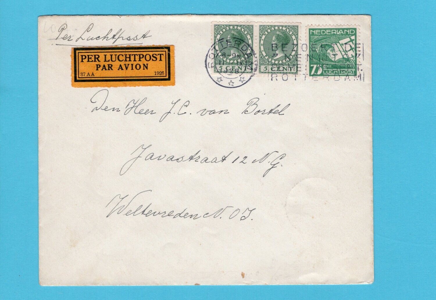 NEDERLAND lp brief roltanding 2x5ct 1928 Rotterdam naar Indië