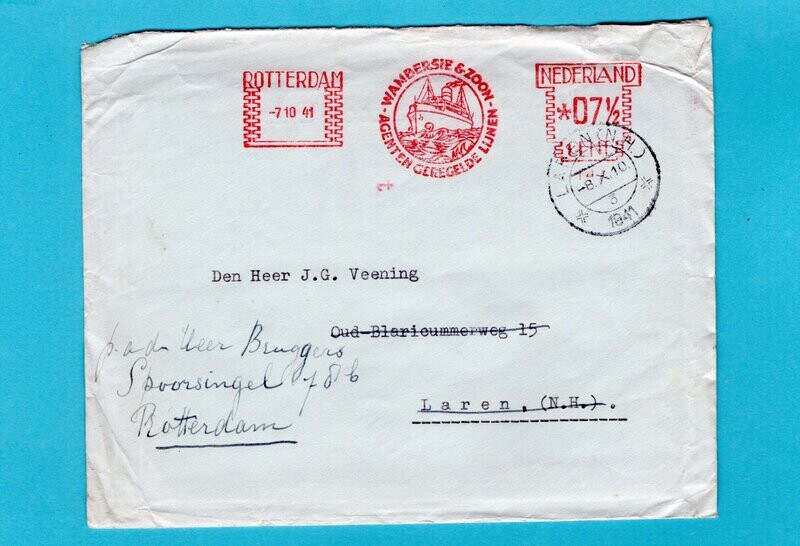 NEDERLAND brief 1941 Rotterdam roodfrankering Wambersie