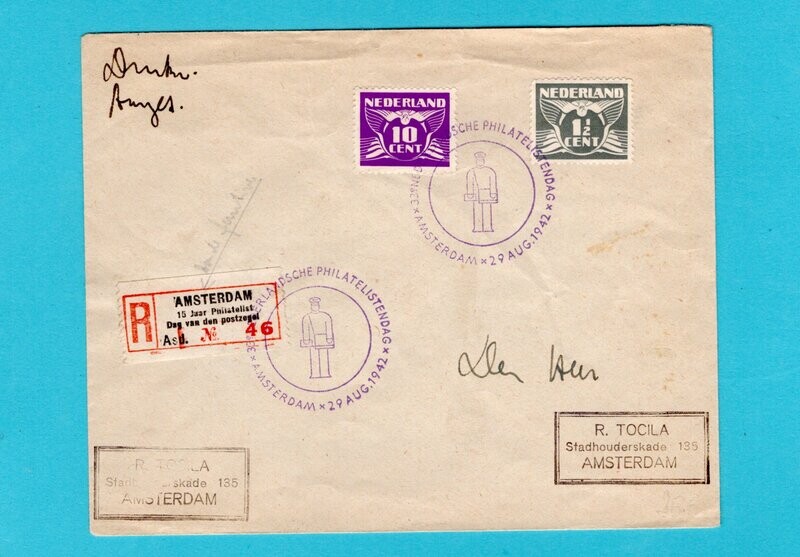 NEDERLAND brief 1942 Amsterdam speciaal R label Dag v.d. Postzegel