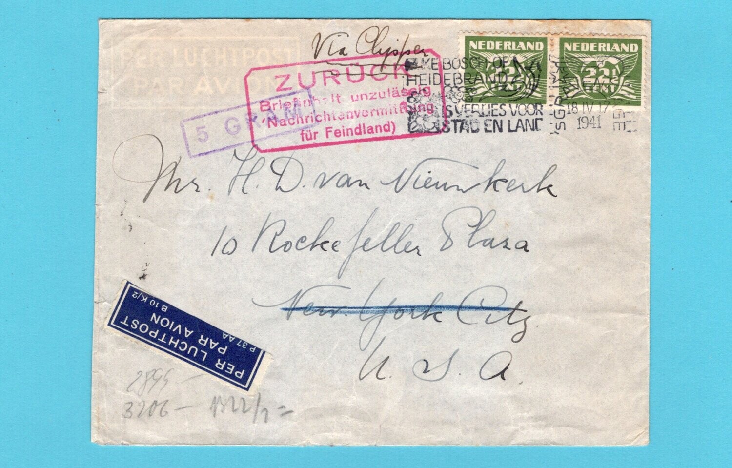 NEDERLAND lp brief 1941 s&#39;Gravenhage naar USA niet toegelaten