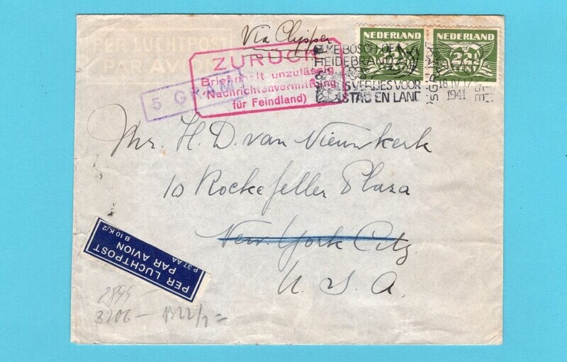 NEDERLAND lp brief 1941 s'Gravenhage naar USA niet toegelaten
