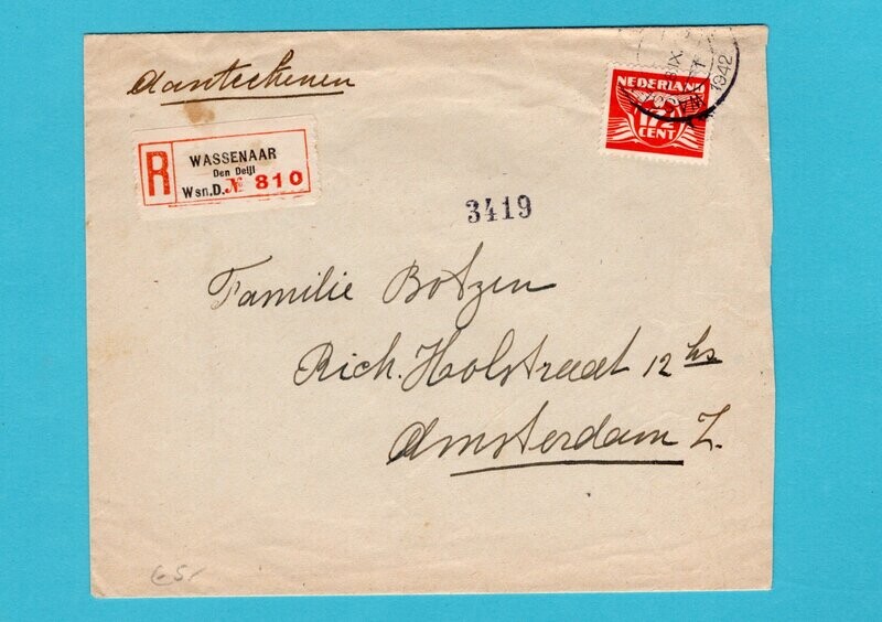 NEDERLAND R brief 1942 Wassenaar Den Deijl naar Amsterdam