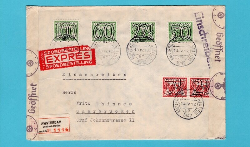 NEDERLAND censuur R expres brief 1942 Amsterdam naar Duitsland