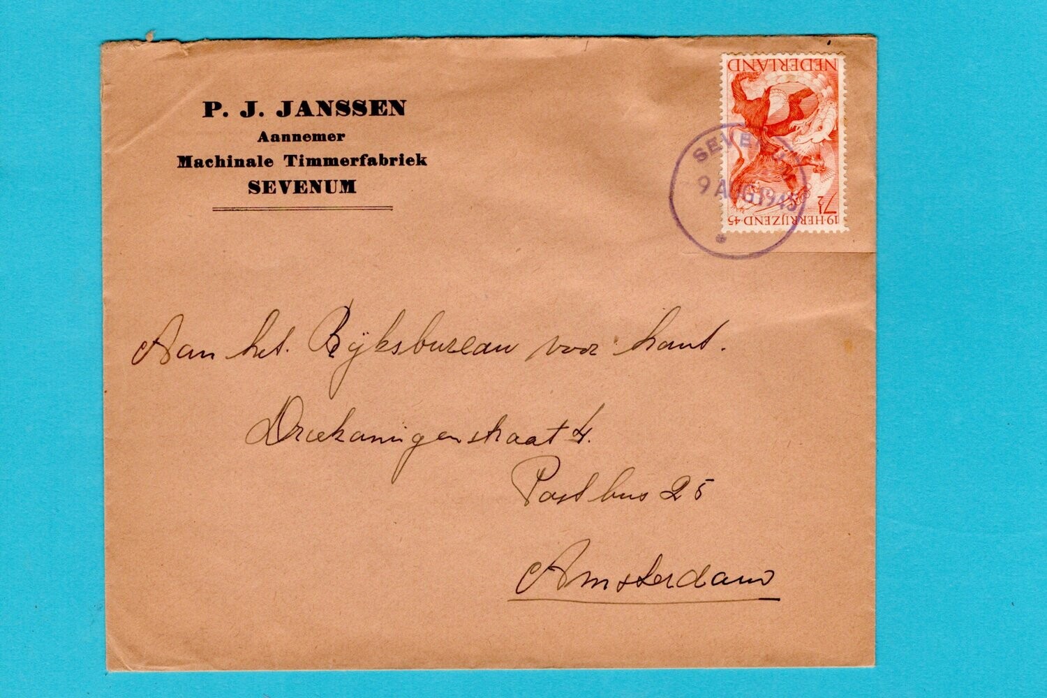 NEDERLAND brief 1945 Sevenum noodstempel naar Amsterdam