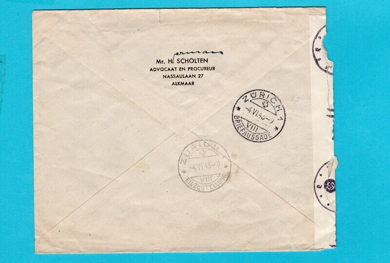 NEDERLAND R-expres censuur brief 1943 Alkmaar naar Zwitserland