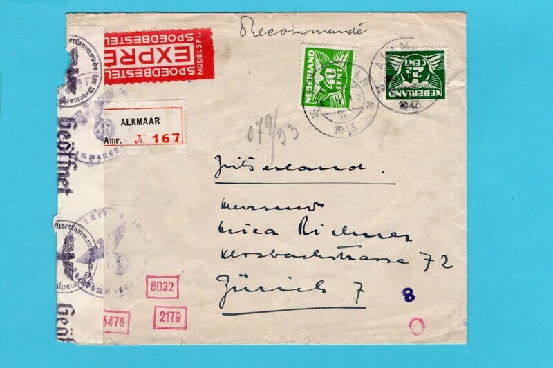 NEDERLAND R-expres censuur brief 1943 Alkmaar naar Zwitserland