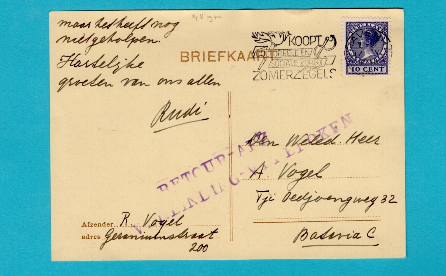 NEDERLAND verbroken verbinding 14-V-1940 &#39;s Gravenhage naar Indië