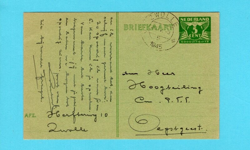 NEDERLAND briefkaart Geuzendam 277c groen 1945 Zwolle