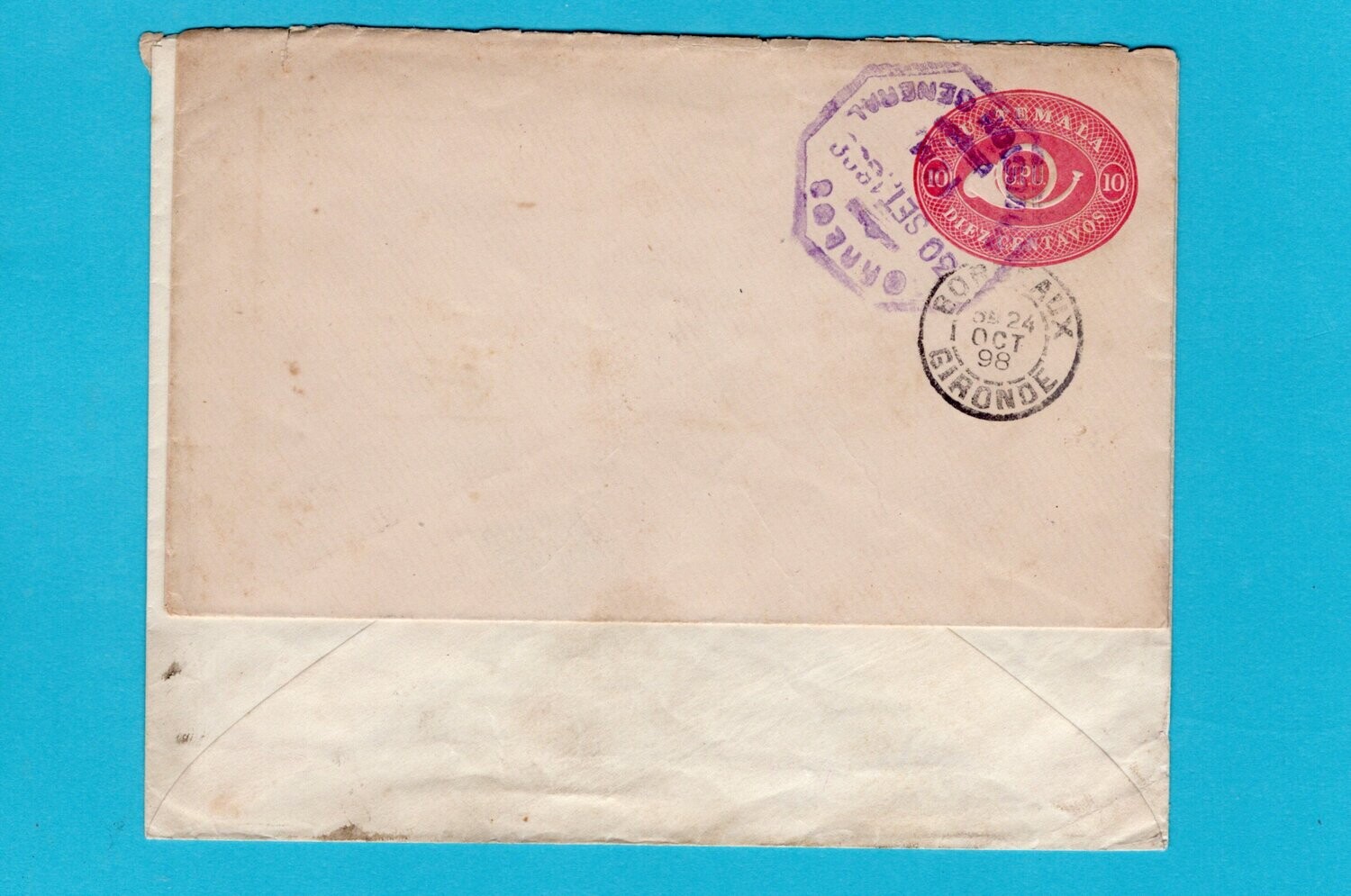 GUATEMALA postal envelope 1898 used as franking for cover -curious