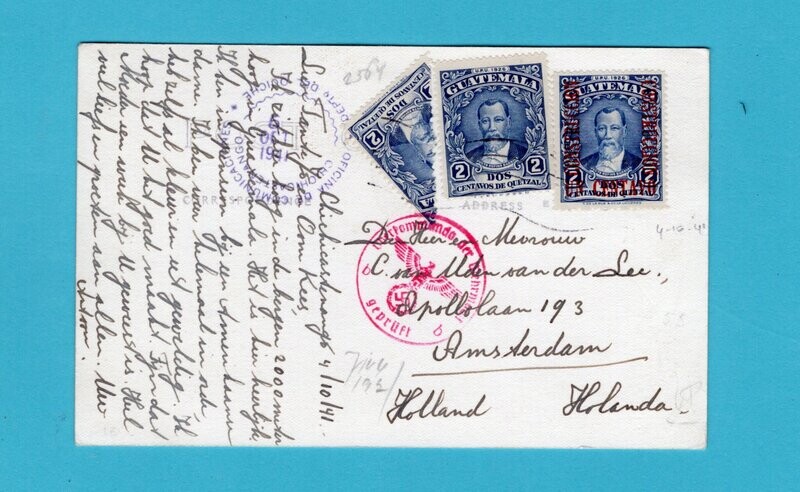 GUATEMALA censored PPC 1941 Chichicastenango to Netherlands