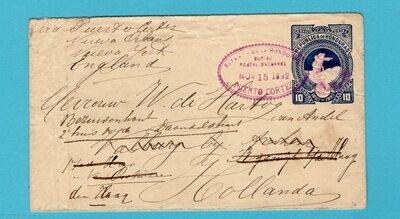 HONDURAS envelope 1892 Puerto Cortez to Rijswijk, Netherlands forwarded