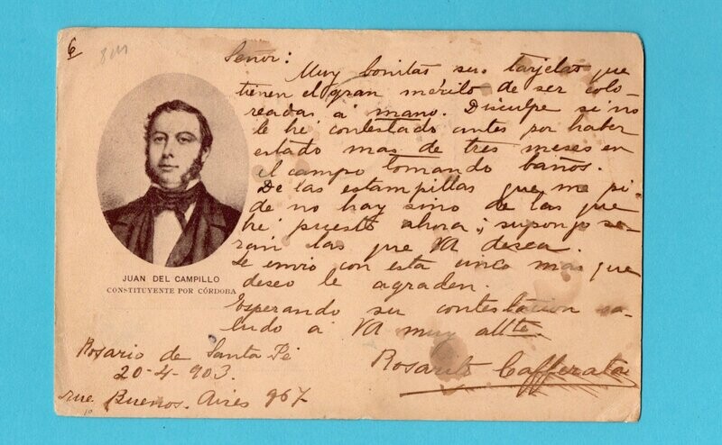 ARGENTINA postal card Juan del Campillo 1903 Santa Fé to Belgium