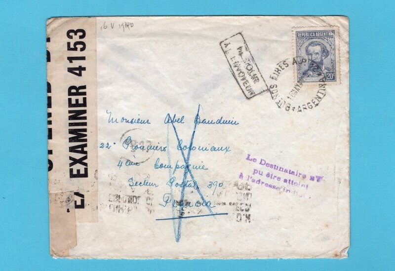ARGENTINA censored cover 16-V-1940 BA to France service suspended