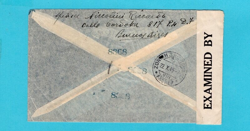 ARGENTINA air cover 1942 BA to Switzerland held by censor till 1945