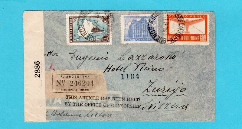 ARGENTINA air cover 1942 BA to Switzerland held by censor till 1945