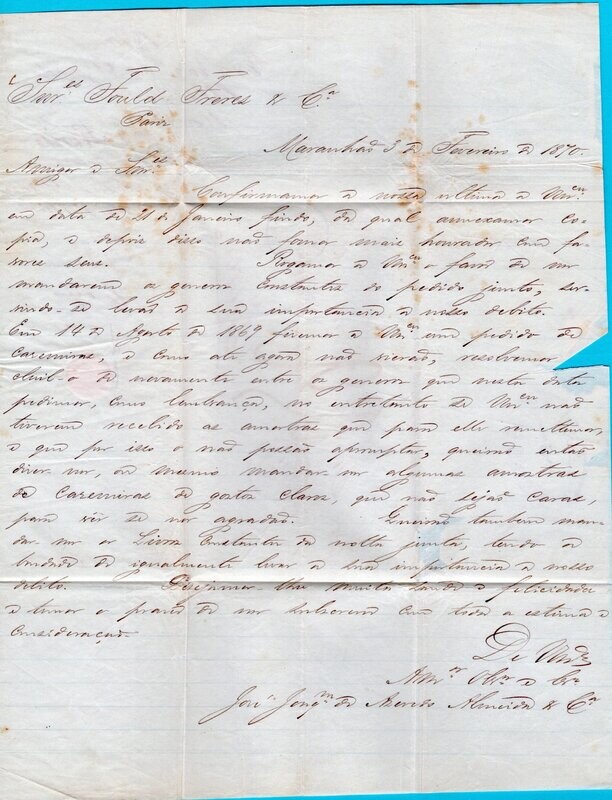 BRAZIL entire 1870 Pernambuco to France