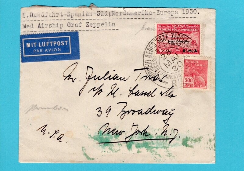 BRAZIL zeppelin cover 1930 Recife to USA