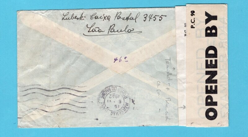 BRAZIL censor air cover 1942 S.Paulo to France